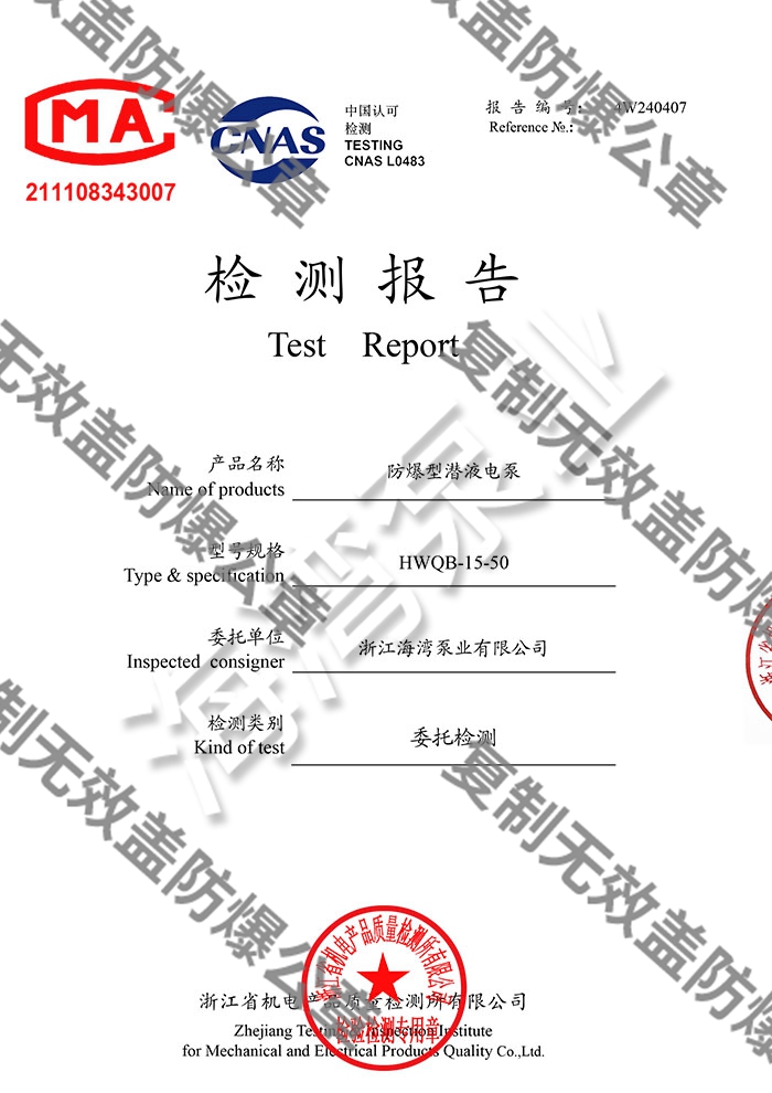 防爆排污泵二級能效測試報告